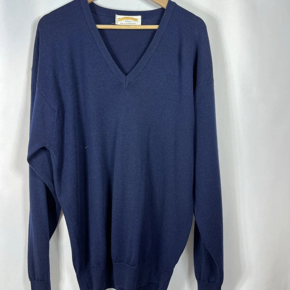 James Pringle Weavers‎ Lambswool Preppy V-Neck Blue Sweater Size Large